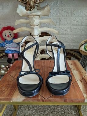 le chateau Black T-Strap Platform Heels with Bow Accent